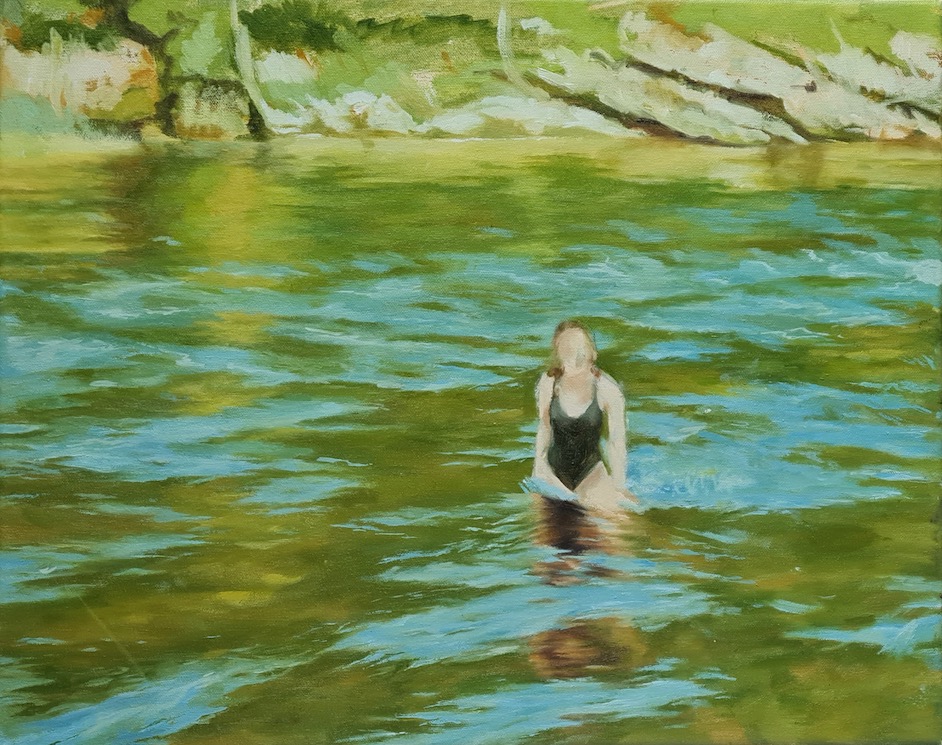 oil painting on canvas of girl in the sea