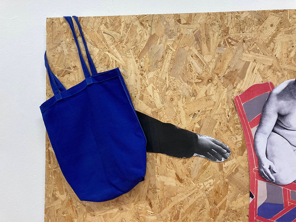 a detail picture of a collage featuring a blue bag, black and white photographs and a red chair from a painting by Erica Rutherford entitled crouched figure