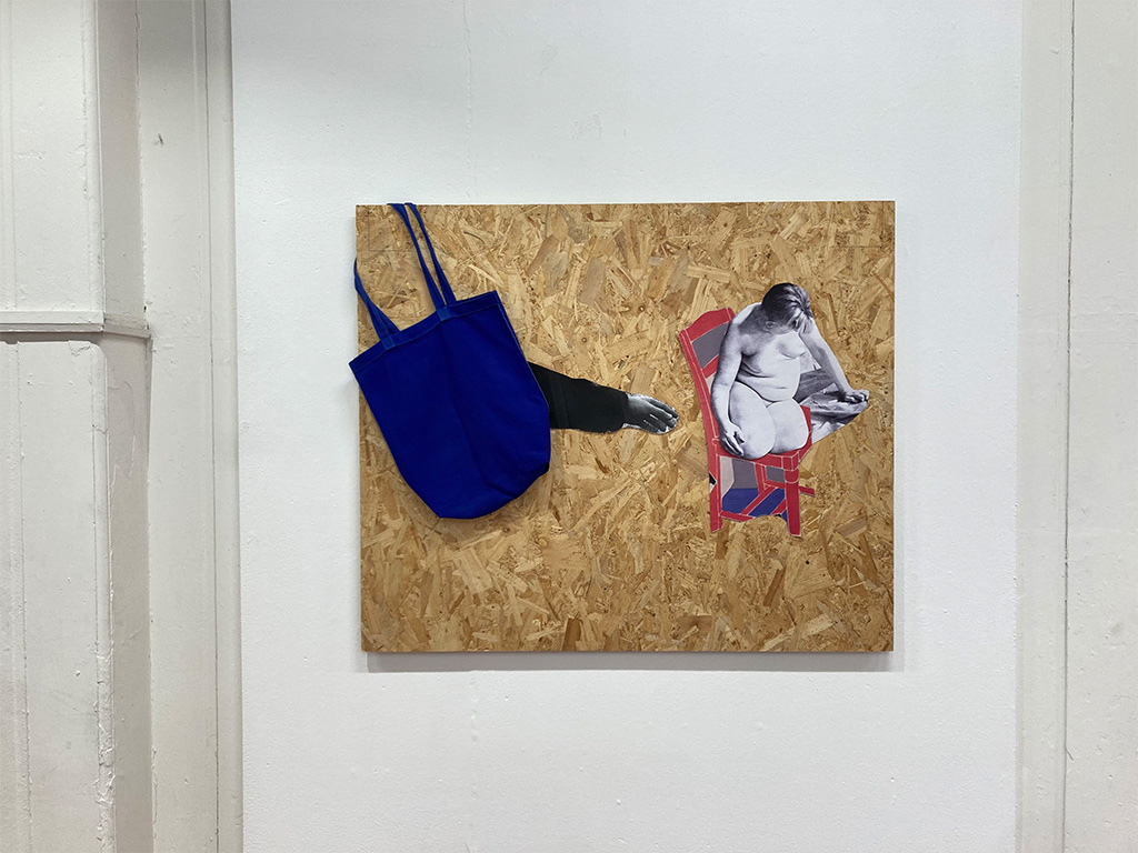 a collage featuring a blue bag, black and white photographs and a red chair from a painting by Erica Rutherford entitled crouched figure