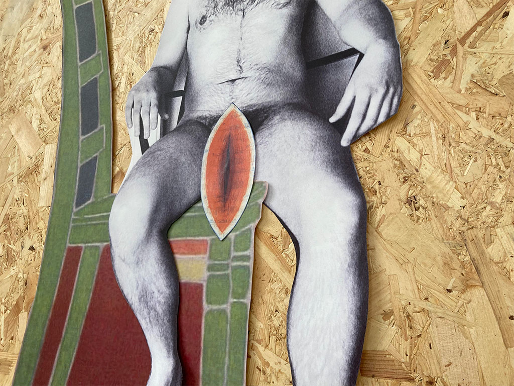 a detail image of a collage depicting an androgynous figure sat on a green chair from Erica Rutherford's painting entitled the Green Chair, at the groin of the figure is depicted a rendering of christ's wound from a 14th century manuscript