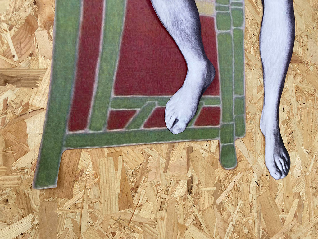 a detail image of a collage featuring a green chair from Erica Rutherford's painting The green chair and the feet of the androgynous figure sat upon it
