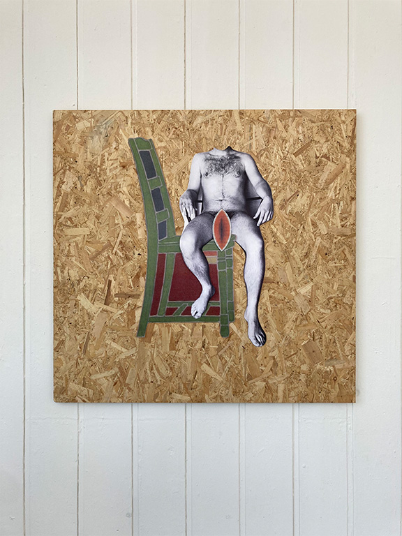 A collage depicting an androgynous figure sat atop a green chair from Erica Rutherford's painting the Green Chair, at the groin of the figure is a depiction of christ's wound from a 14th Century illuminated manuscript