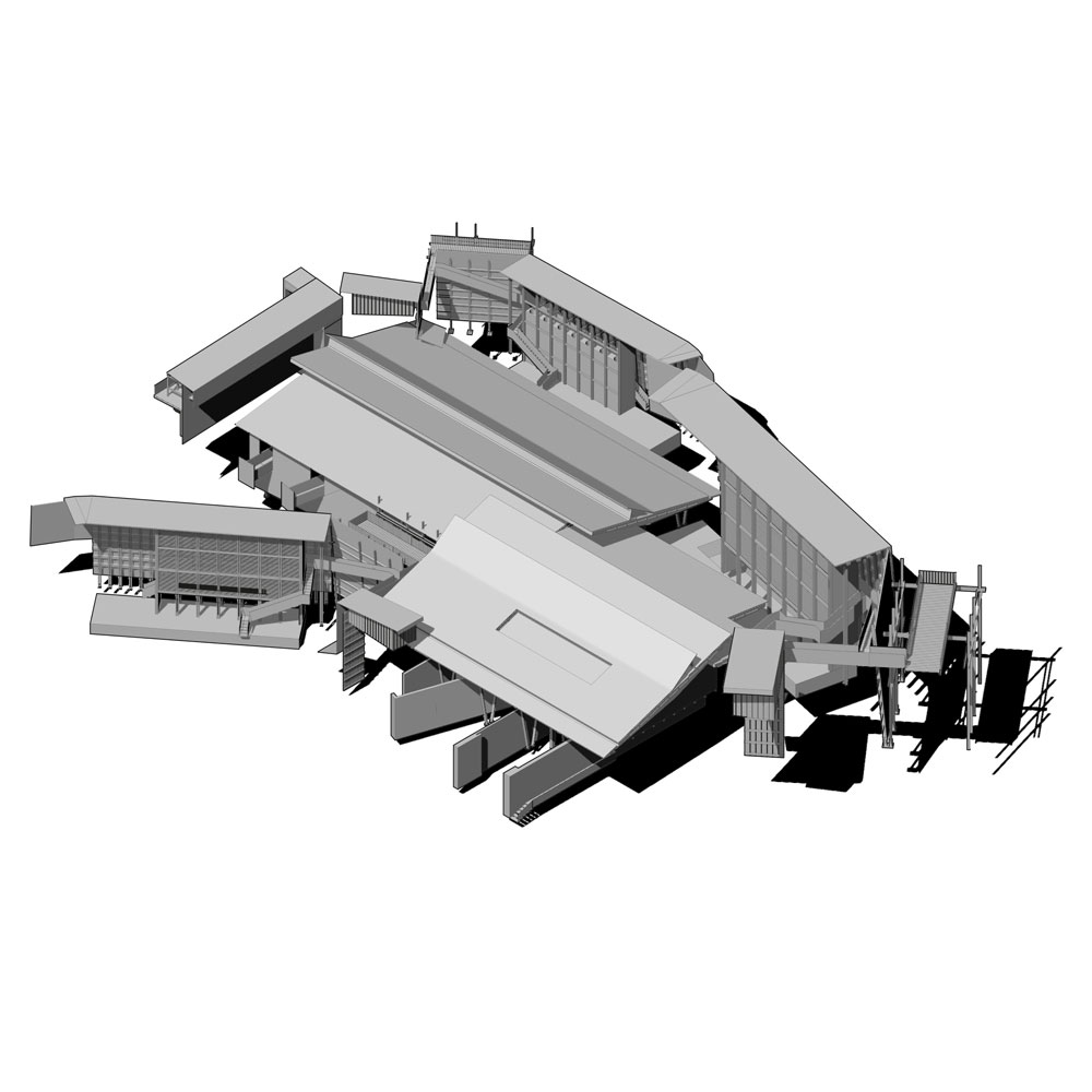 A greyscale render of a collection of long, narrow buildings.