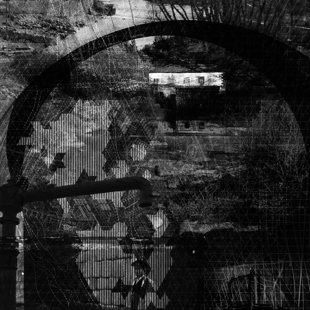 A dark, black lined render of land and buildings.