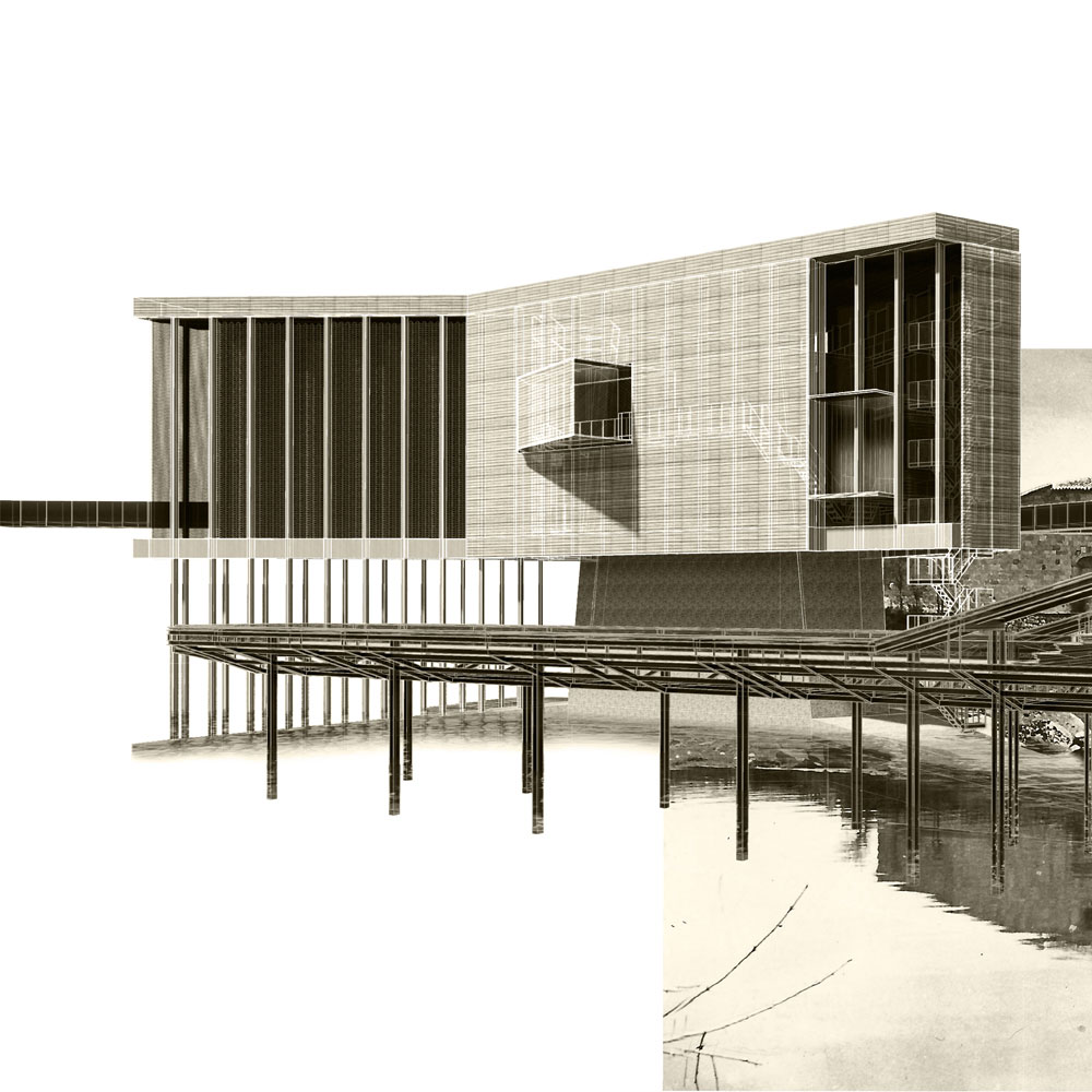 A rectangular building on long stilts.