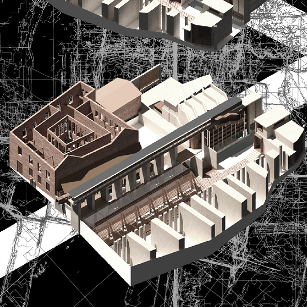 A render of a building with its roof off, exposing the different rooms and levels of the building.
