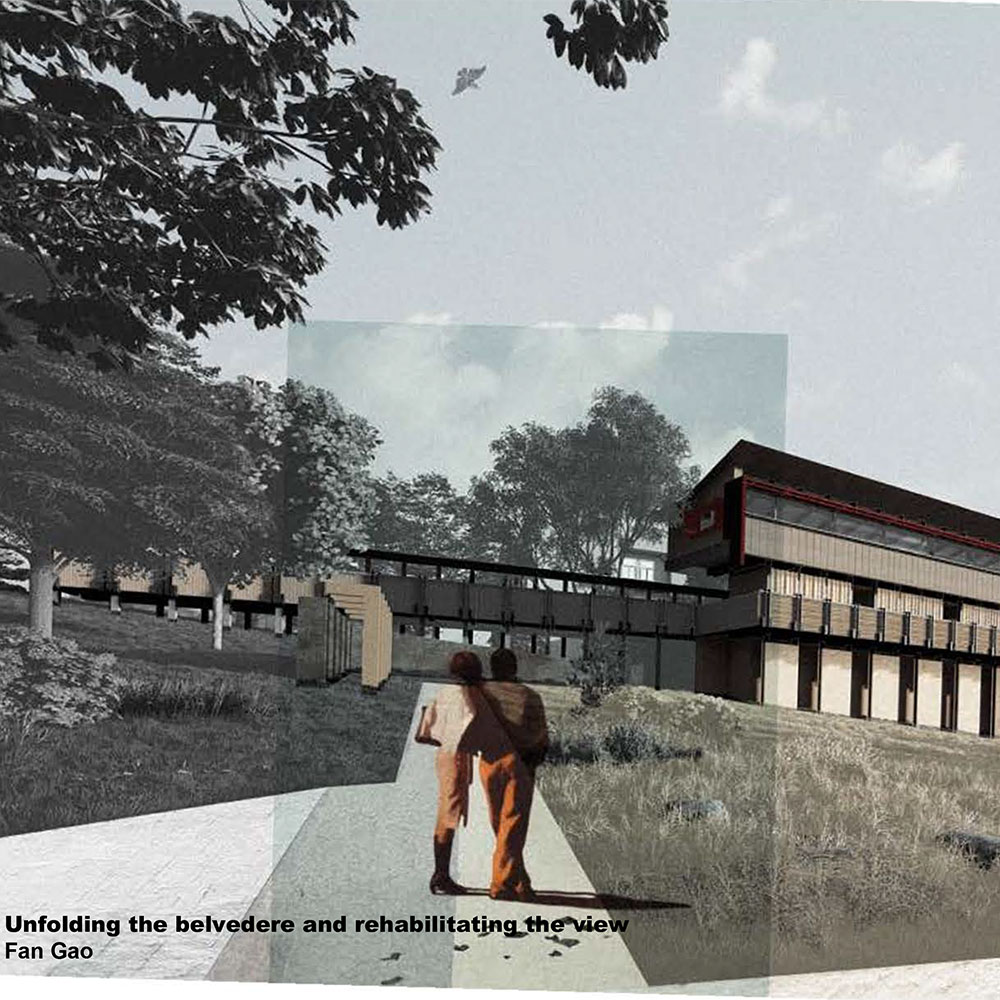 An architectural illustration of two people walking towards a building, surrounded by trees and grass.