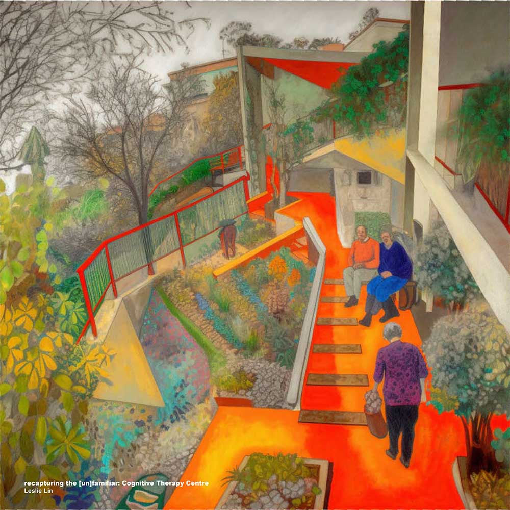 People walking along an orange path, next to a building with red railings and a yellow roof.