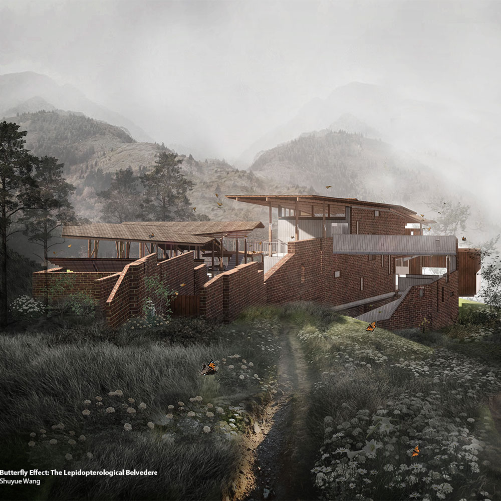 An angular building made of stone and wooden cladding, with a backdrop of mountains.