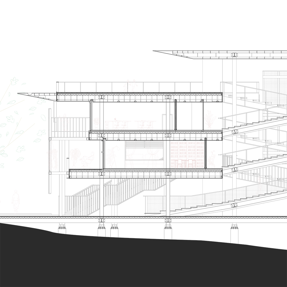 A black and white architect's drawing of building.