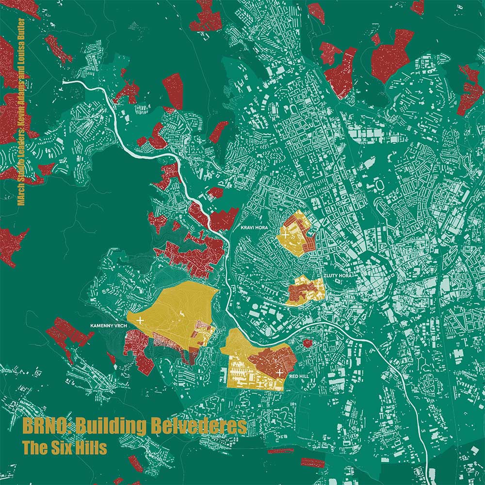 A green, yellow and red aerial view illustration of a city.