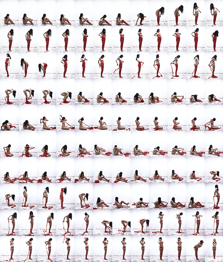 Series of 120 images depicting a woman binding herself with bondage tape