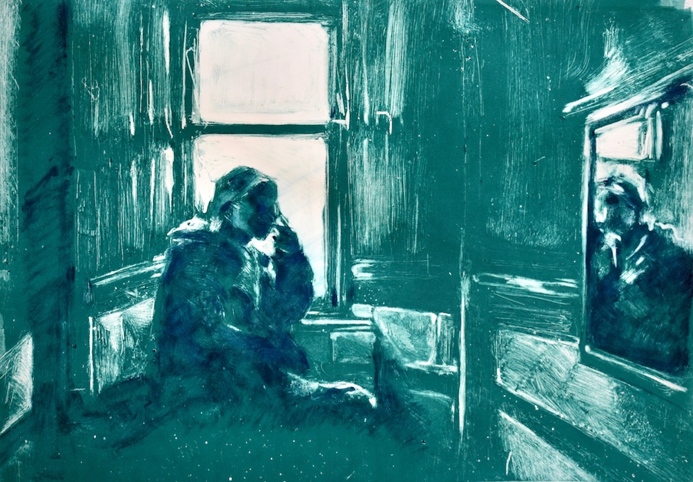 Large monoprint of girl smoking by the window, blues and greens