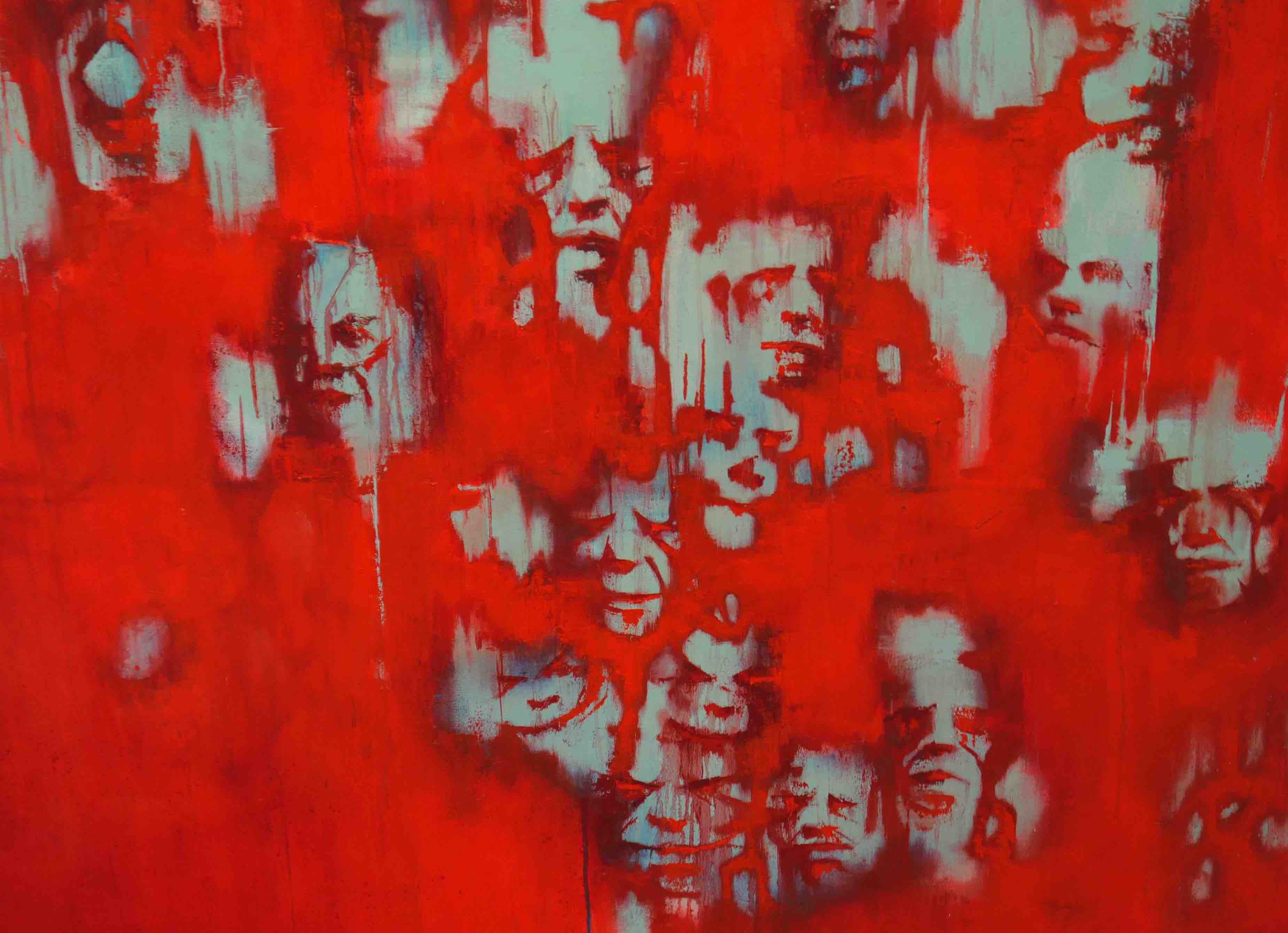 Close up image of painting RBMK blues, features abstracted faces.