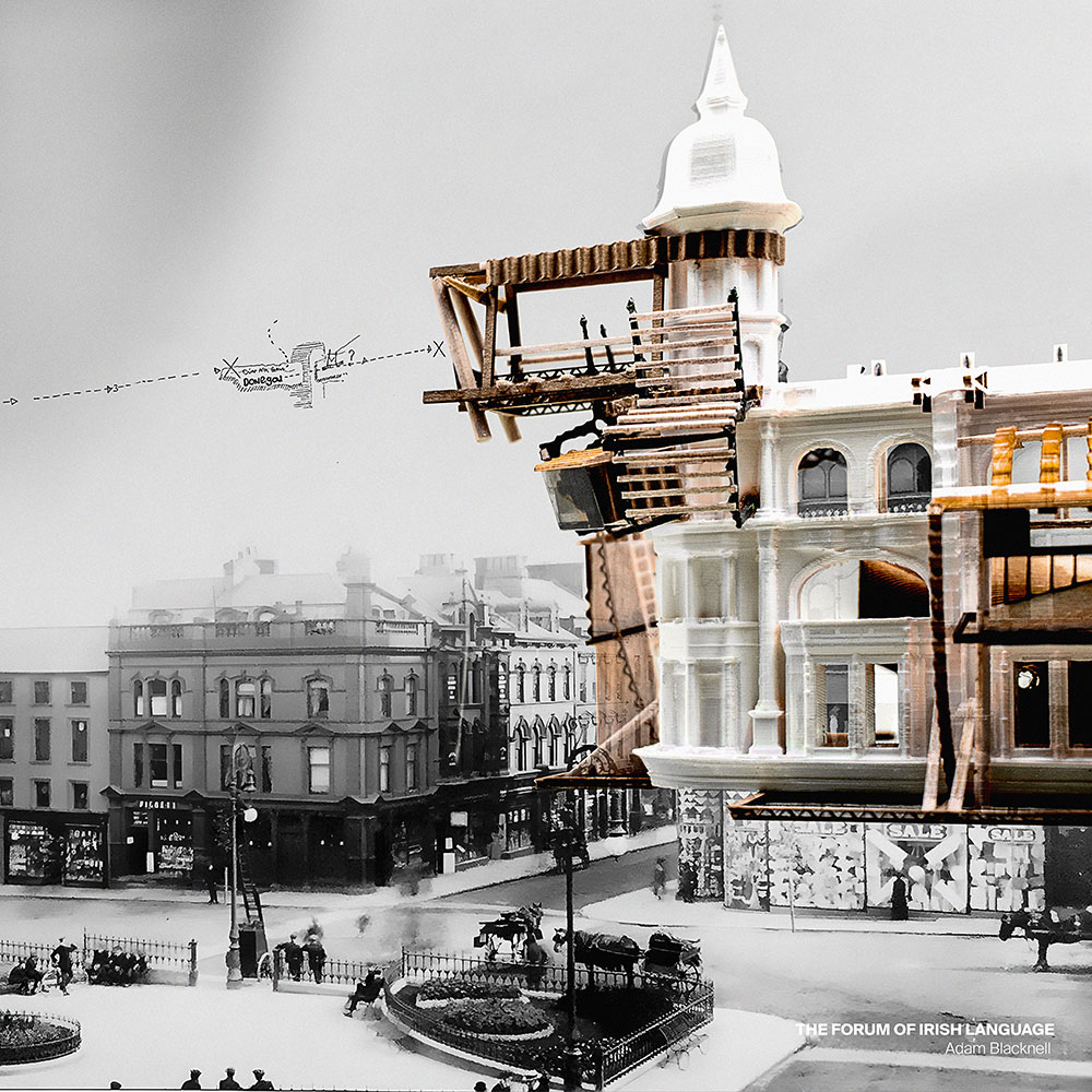 A white dome towered building, with a wooden scaffolding structure around it.
