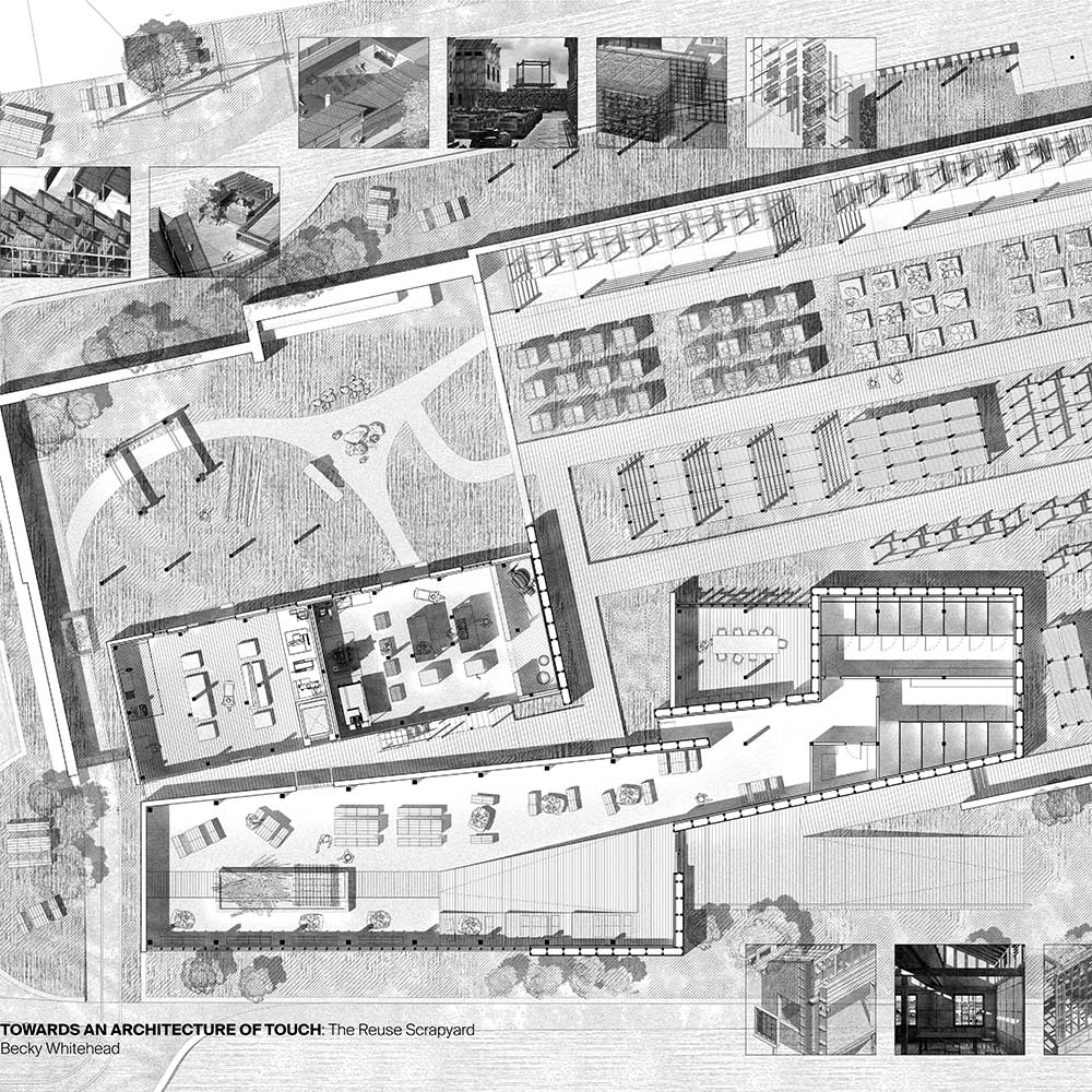 A black and white drawing of an aerial view of land with buildings on it.
