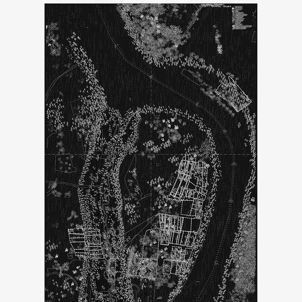 A black and white drawing of a route surrounded by trees.