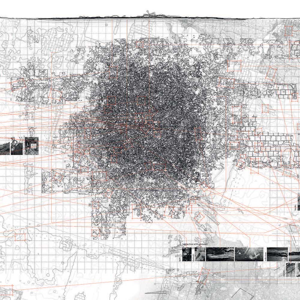 A grid drawing of a bonfire site