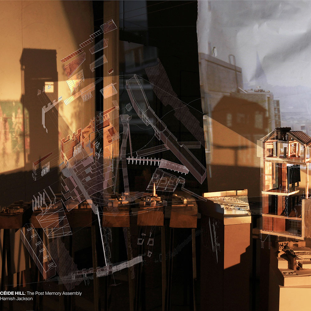 A photo of architect's models with an overlay of a aerial drawing.