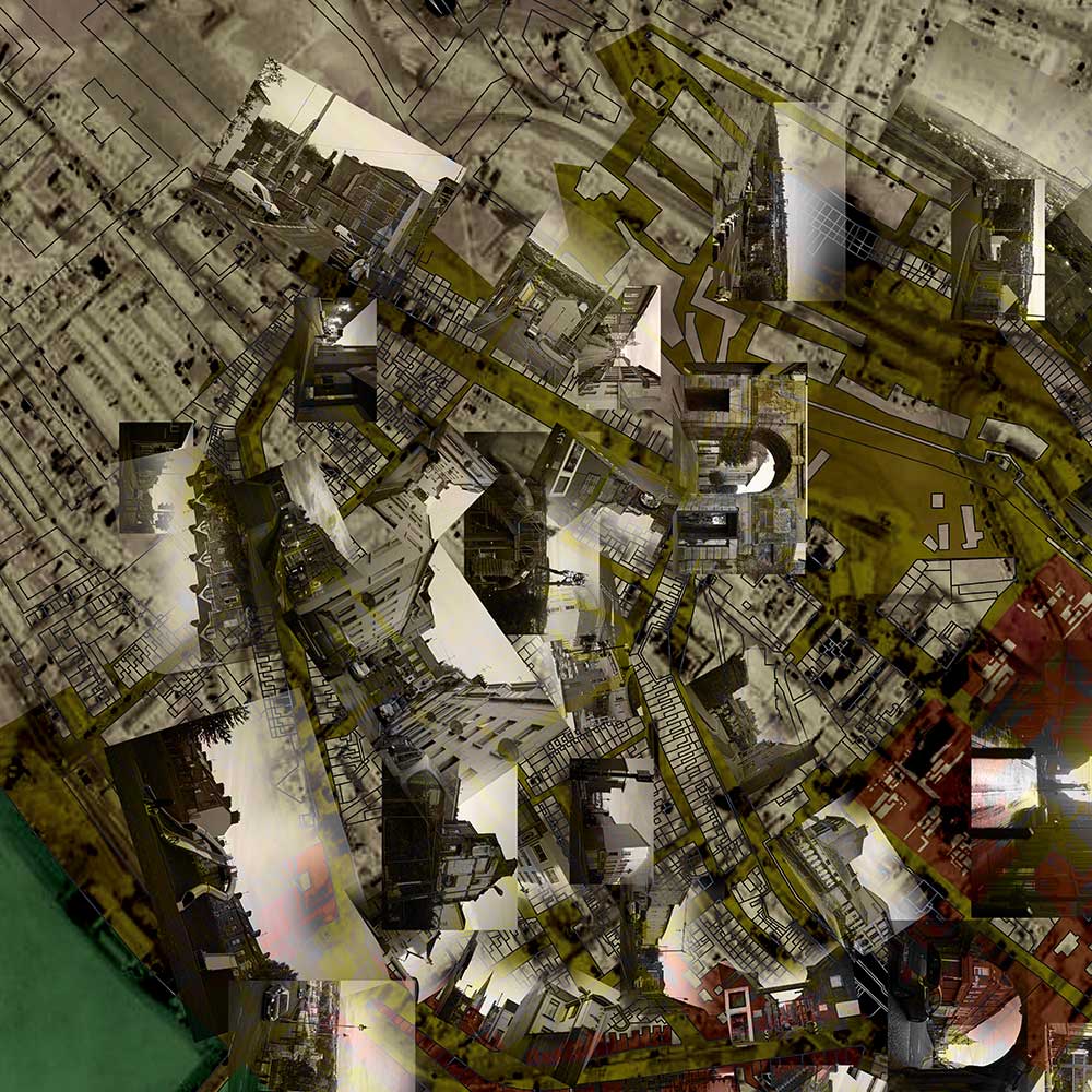 An aerial view of land with photos superimposed on the top.