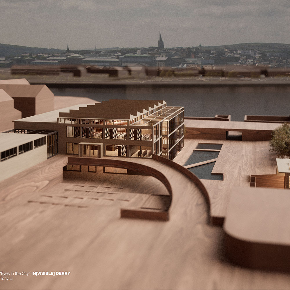 A wooden render of a building with a sloped path up to a glass wall. 