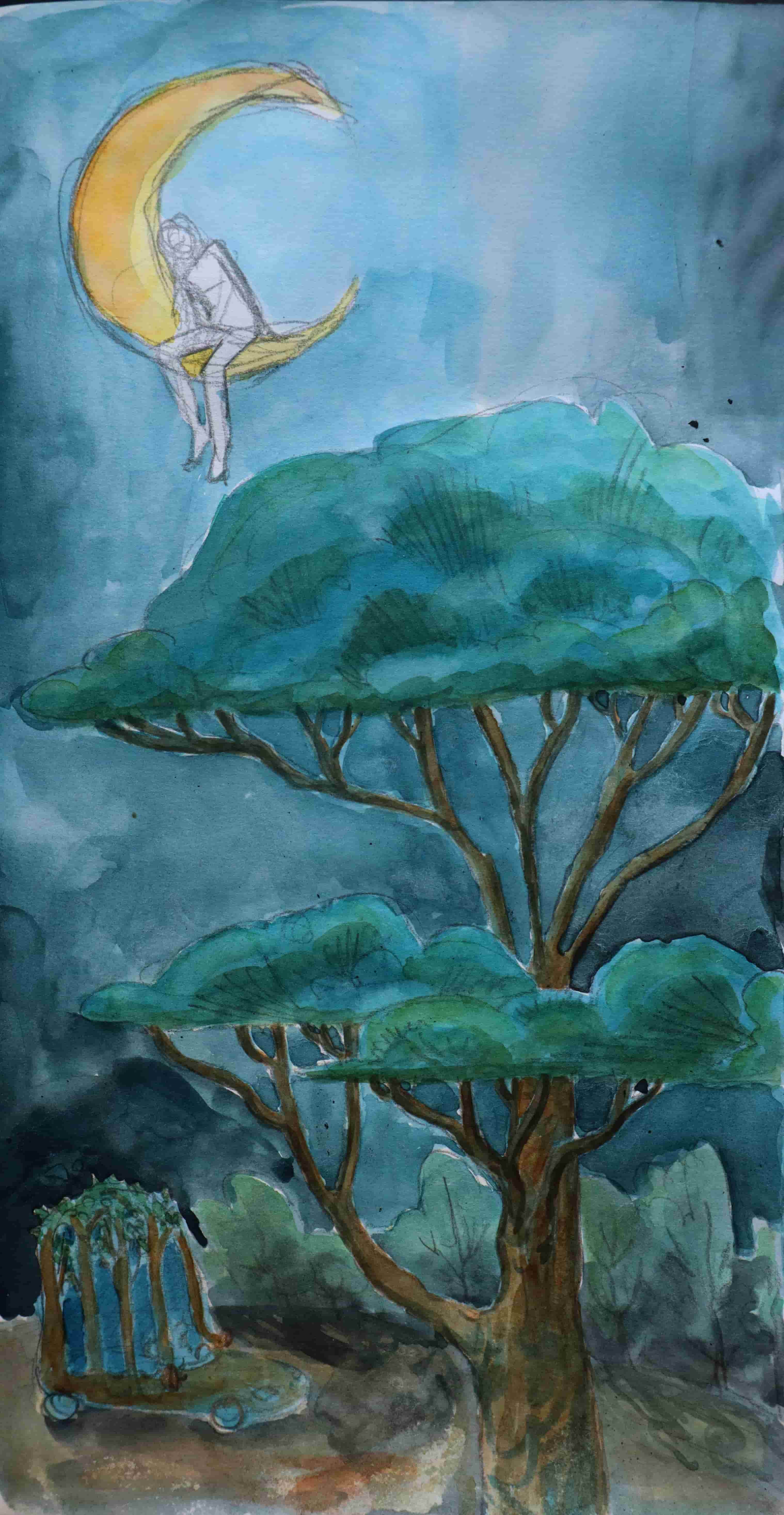 girl sitting on moon over forest by night