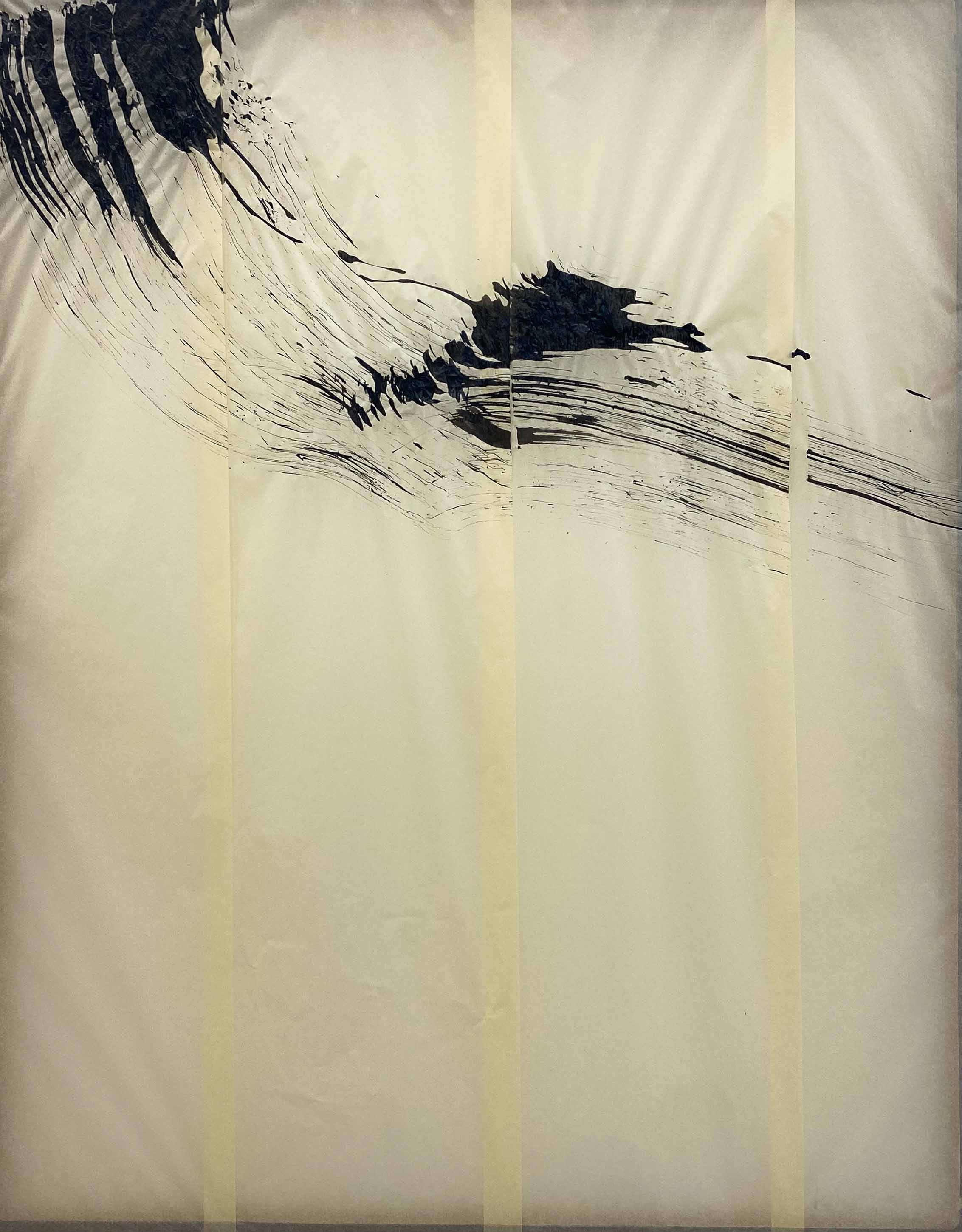Photo of a painting made out of thin paper with an ink gesture