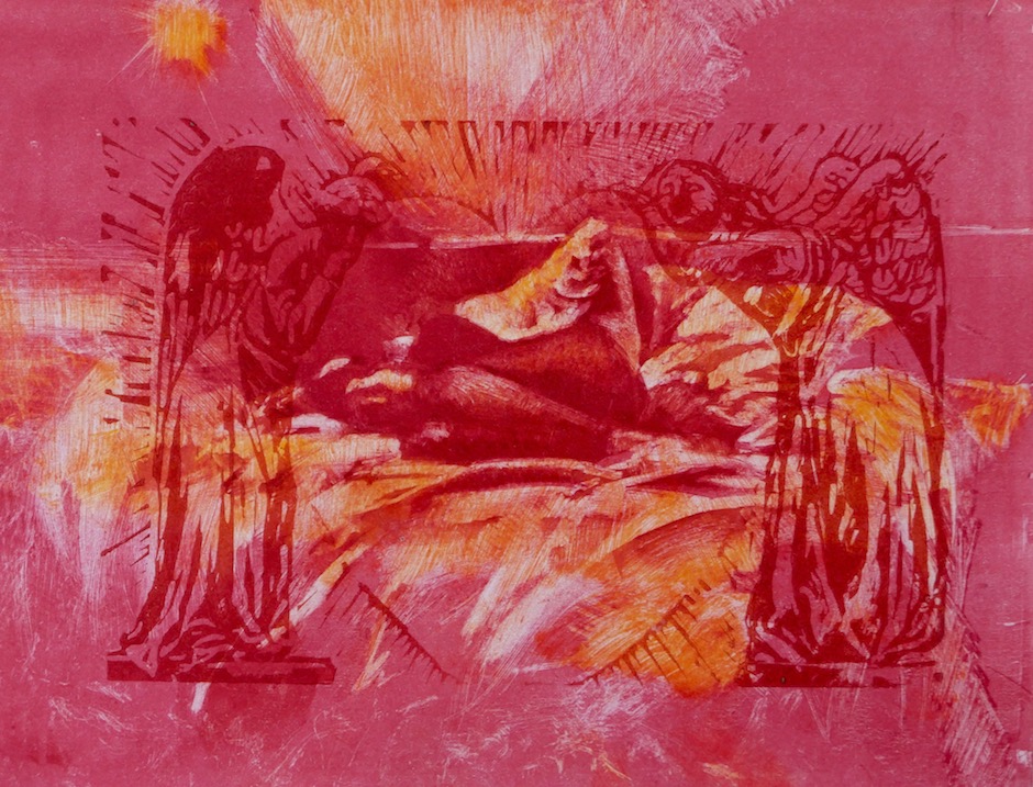 Monoprint of girl lying in red room with red linocut angels