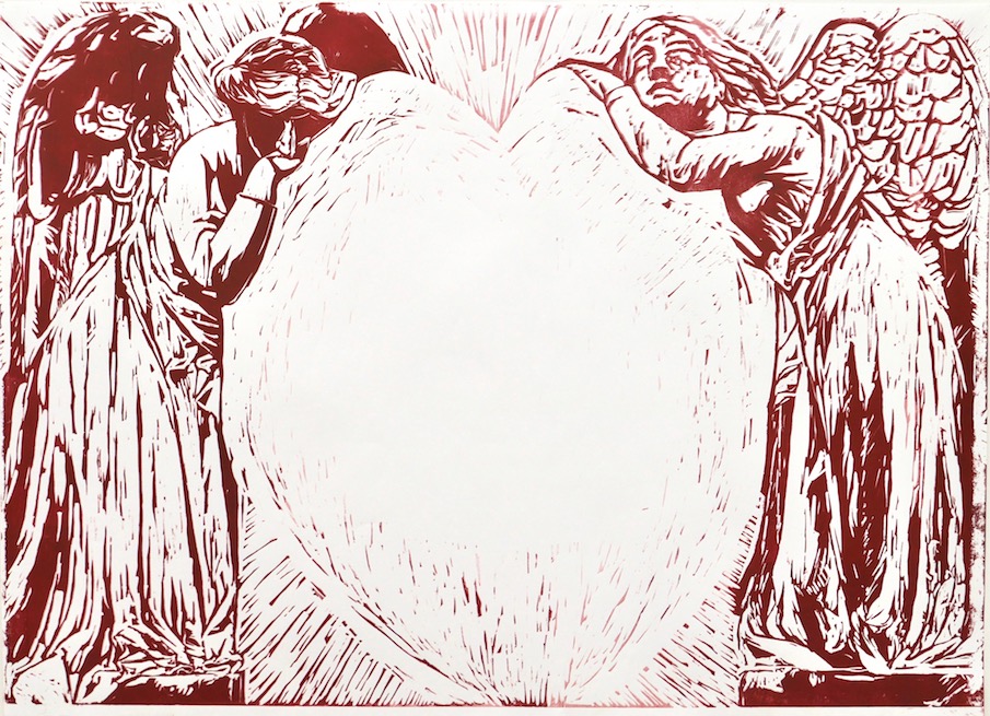 Big angel linocut print, red and white