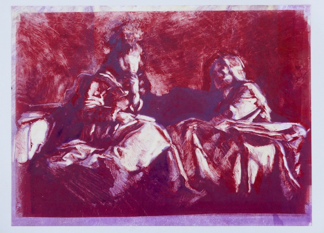 Monoprint of girls seated on sofa, red and purple