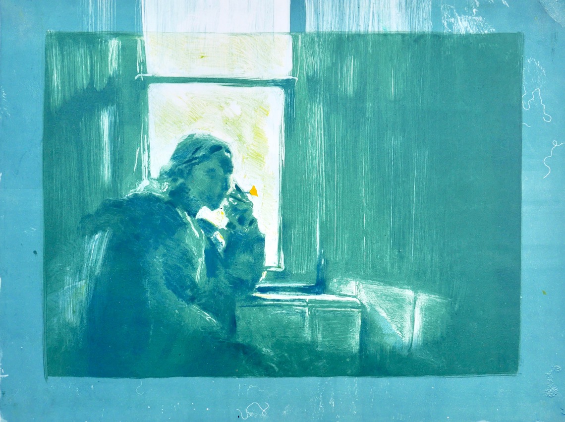 Monoprint, girl smoking by window, green and blue