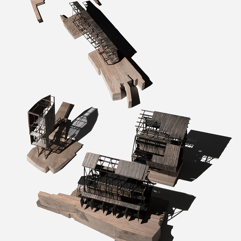 A render of four levels of a building with the sides off, revealing what's within.