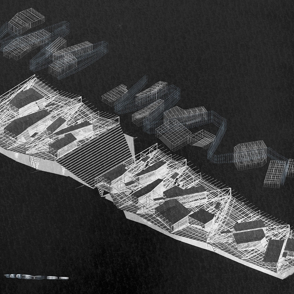 A black and white render of a piece of land with multiple buildings on it.