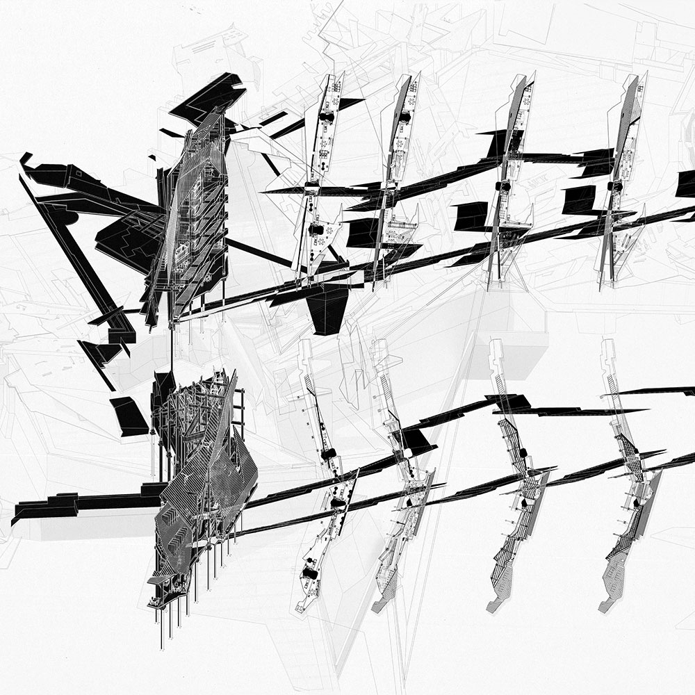 A black and white render of a building split out into separate floors.