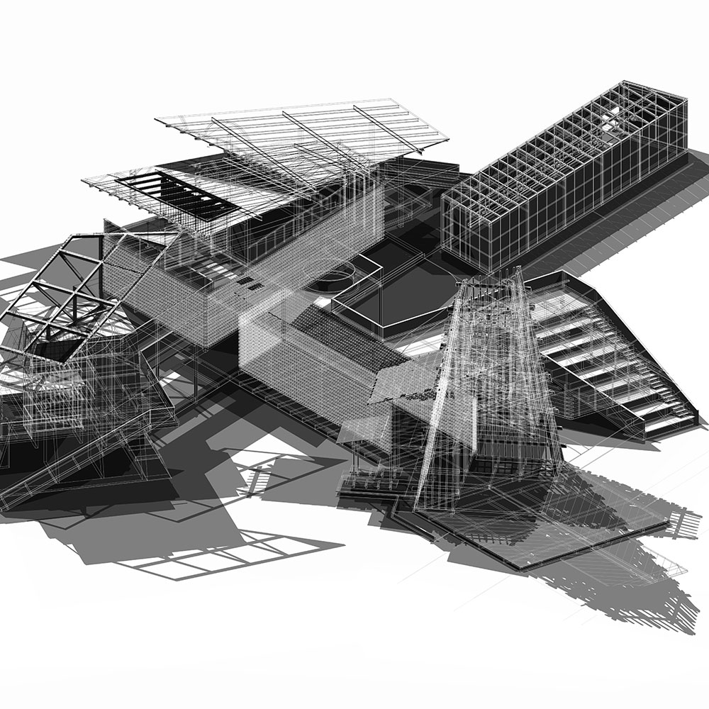 A greyscale render of a building with multiple floors.