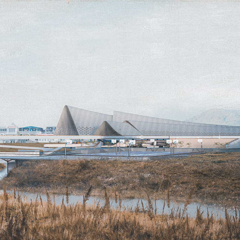 A render of two long, triangular buildings.