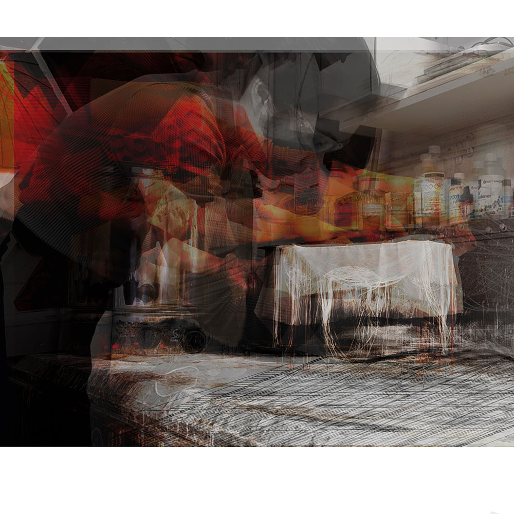 An abstract image of a person working on a wax model.
