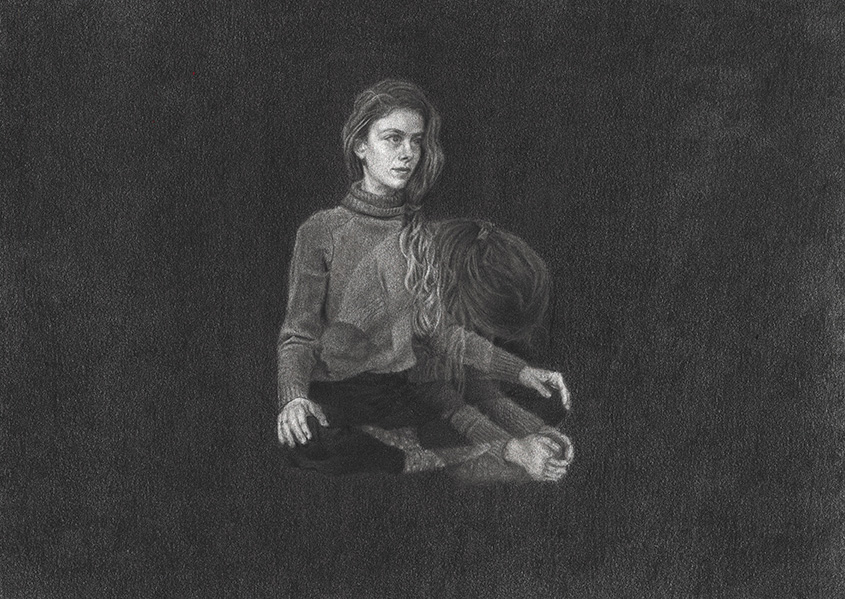 Drawing of a figure sitting down and cowering