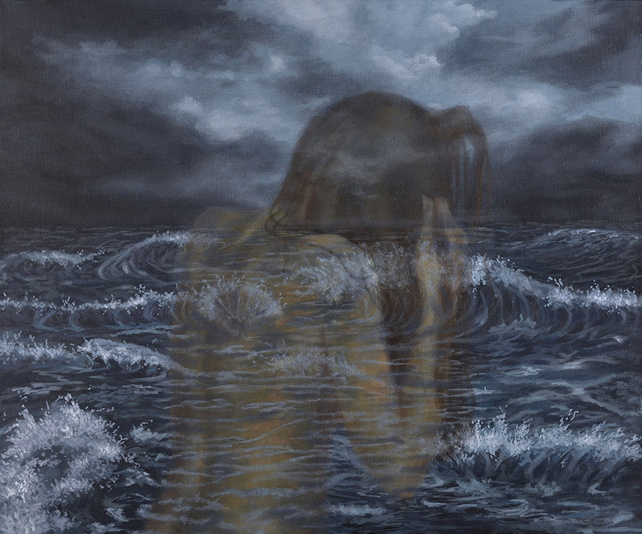 Painting of a figure overlayed onto a stormy seascape