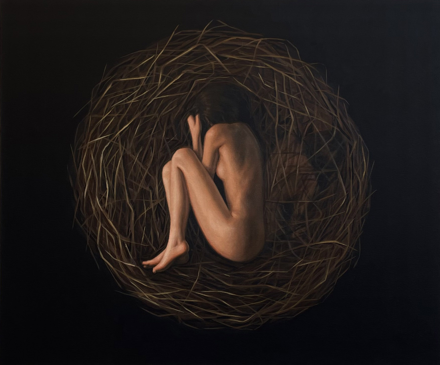 Painting of a figure lying in a nest