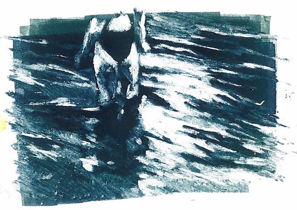very small monoprint of girl in the water, monochromatic