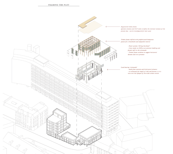 Exploded axonometric showing tectonic layers