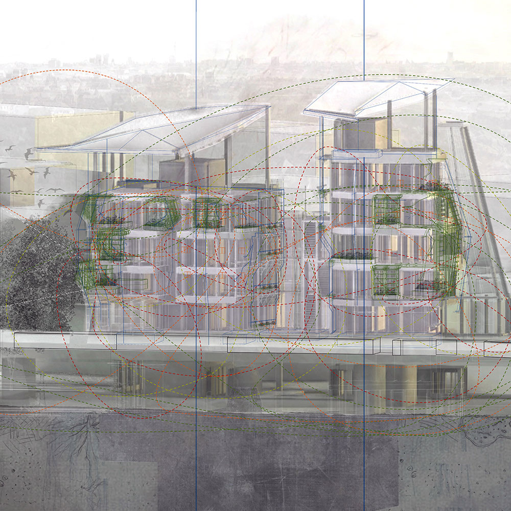 A watercolour drawing of two multistorey buildings with slanted roofs.