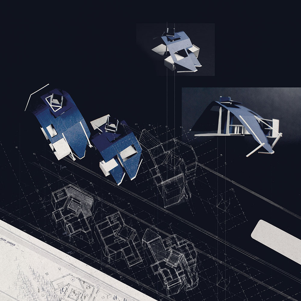A black and blue render of different floors of a building.
