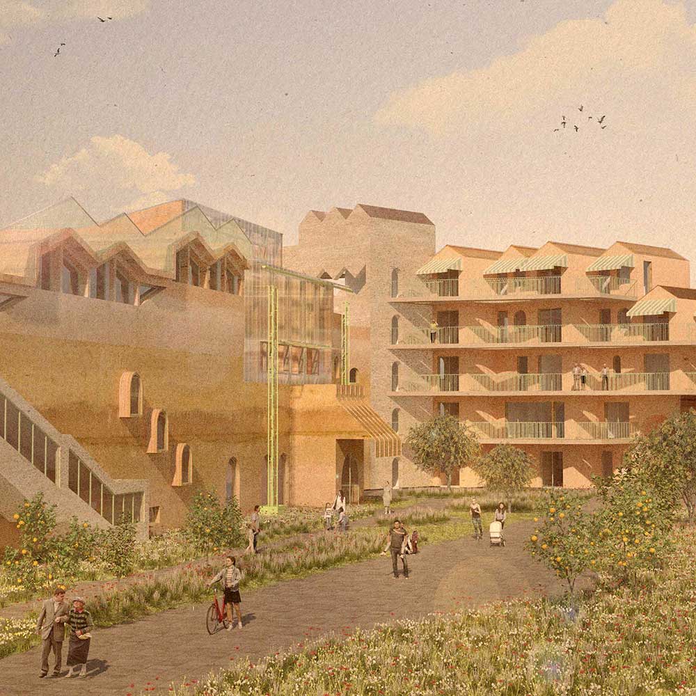 A peach and sand coloured rendering of a multistorey surrounded by grass and trees.