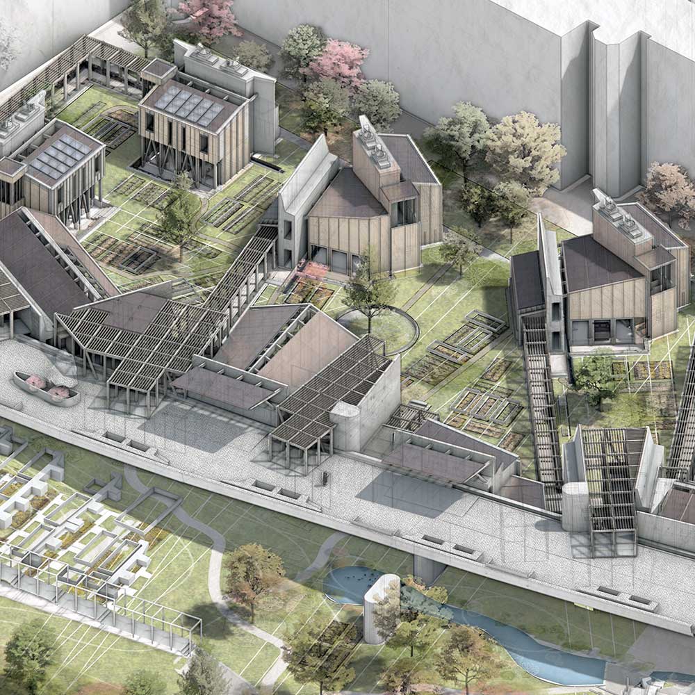 An aerial view of a multple, angled buildings with connected pathways.