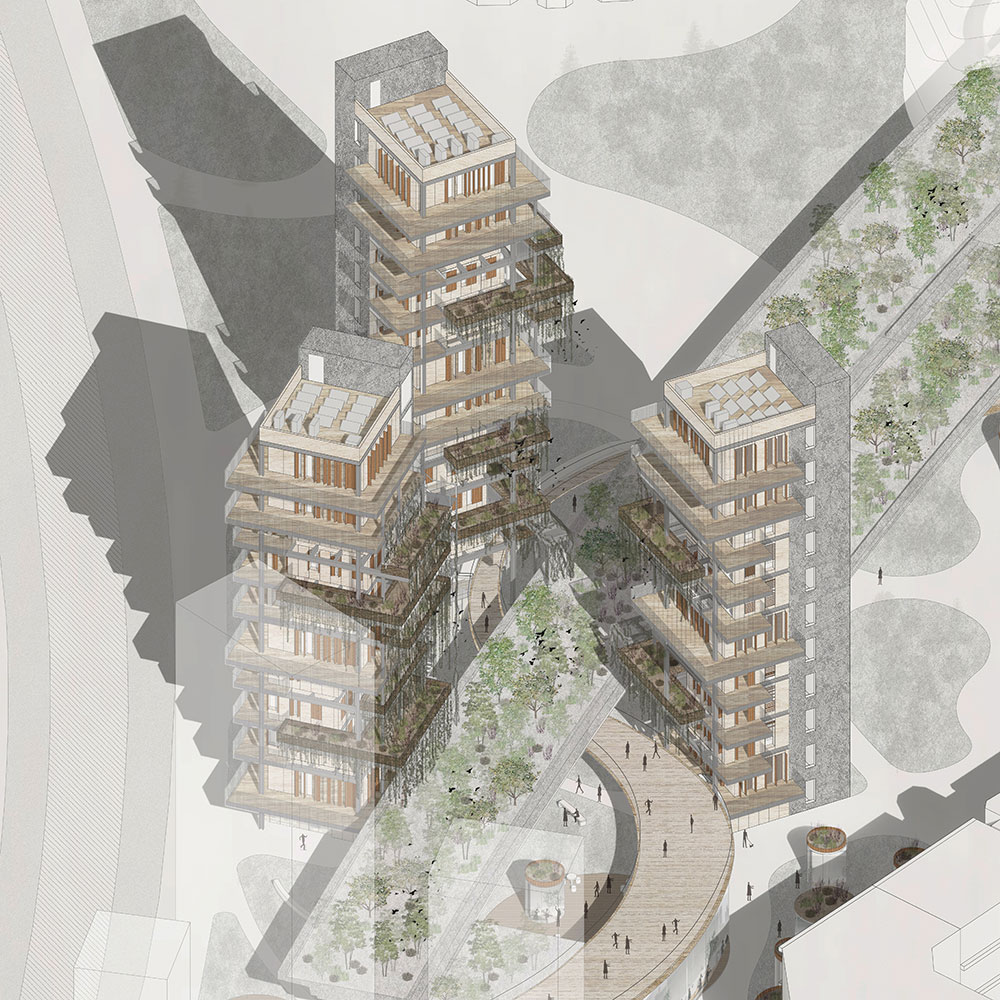 An aerial view of three, multistorey buildings stacked close together, with a curved path running between them.