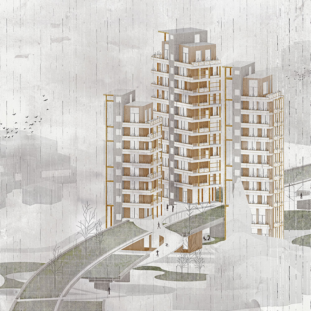 A render of three wooden cladded buildings stacked close together, with a curved path running between them.