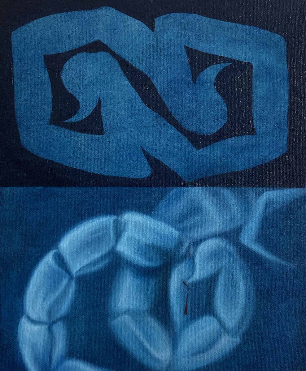 Little lies is a blue painting, split into two segments, the upper a graphic maze made from scorpion tails and the lower soft spectral scorpion tails