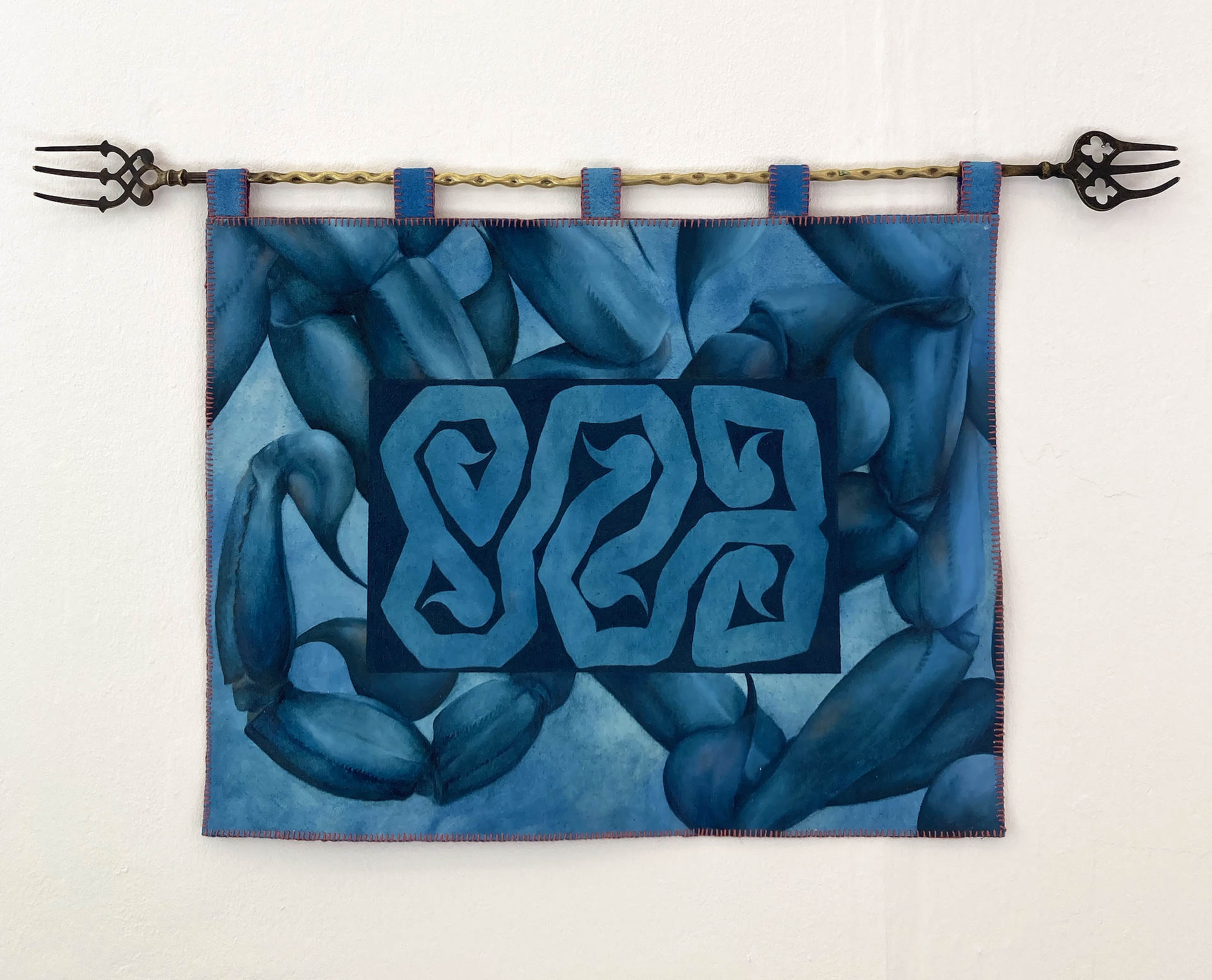 Other Tails is a blue tinted painting of tangled scorpion tails. The work transmutes into tapestry as it hangs from a brass rail made from found objects. 